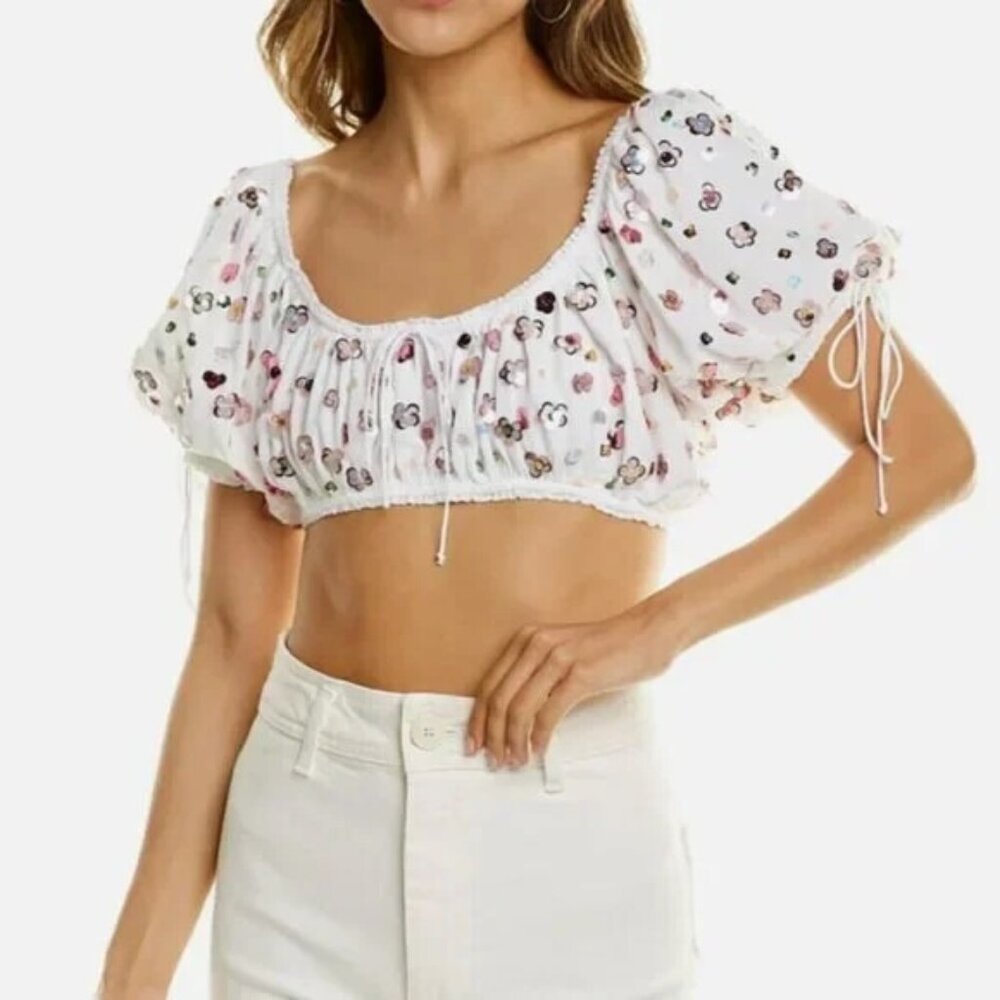 For Love & Lemons Crop Top Cold Hearted Short Sleeve Sequin Flower White Pink - Picture 3 of 15